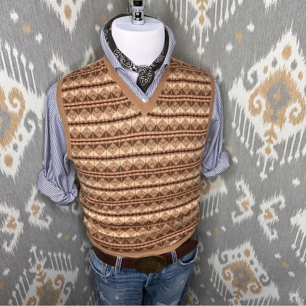 Ralph Lauren Purple Label Tan Multi Fair isle  Geometric V-Neck Sweater Vest